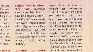 ... quotes by fictitious people in a booklet sent to Saskatchewan donors