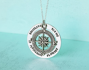Hand Stamp Necklace Compass Travel Customize Your Quotes