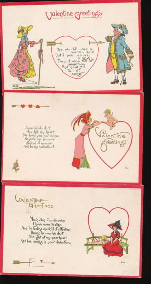 Nice Lot of 3 Antique Valentine's Day Postcards Lady Verses-Cupid ...