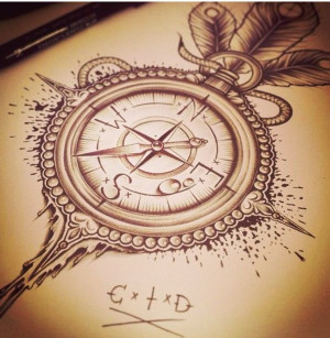 New Compass Tattoo Design With Feathers