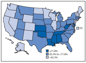 This map shows the percentage of adults with arthritis in each state ...