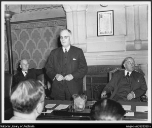 John Curtin addressing a Press conference Ottawa 1944 with Canadian