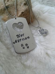 Her Airman Hand Stamped Dog Tag Necklace SET Personalized- Heart, Boot ...