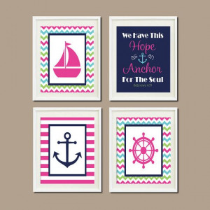 Nautical Nursery Decor Baby Girl Wall Art Hot Pink Navy Chevron Anchor ...