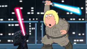 Darth Vader (Stewie) challenges Luke (Chris) in 
