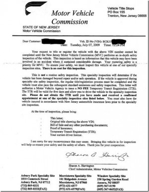 Letter From New Jersey DMV Requesting Vehicle Inspection on Nissan ...