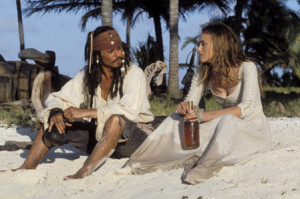 Jack Sparrow and Elizabeth Swann drink rum on Rumrunner's island