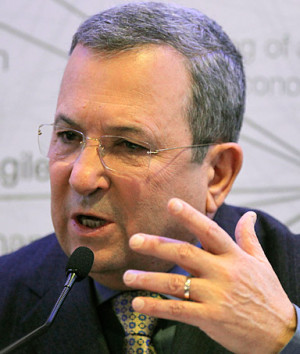 Israel's Defense Minister Ehud Barak gestures as he speaks during a ...