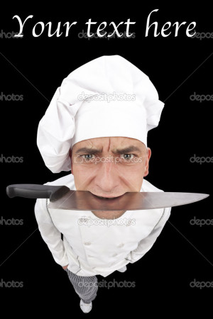 Stock Photo Silly Angry Chef Holding Knife His Mouth
