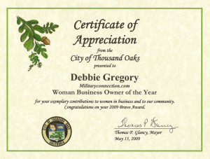 ... Oaks - Certificate of Appreciation Woman Business Owner of the Year