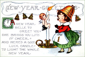 ... New Year postcards: Little girl with bell hat and sweet New Years poem