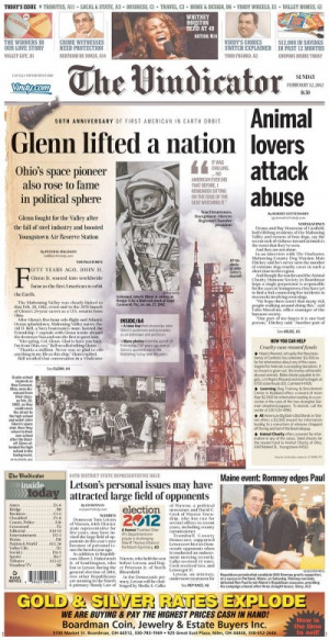 ... page-one montage consisting of four file photos, a quote and a story