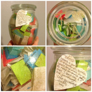 ... quotes, lyrics, memories, and what not in a glitter painted jar. Great