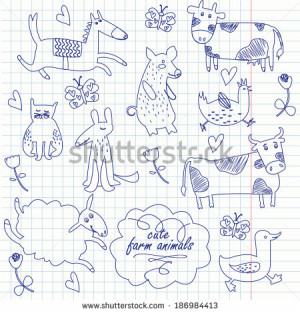 Cute farm animals vector set. Funny hand drawn horse, pig, cat, dog ...