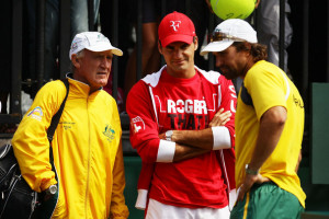 to Australian coach Tony Roche L and Australian captain Pat Rafter