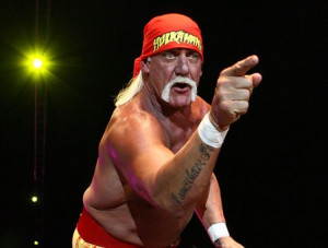 Hulk Hogan gestures to the audience during his Hulkamania Tour at the ...
