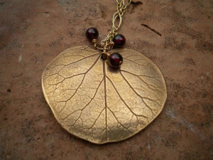 ... Bronze Fired Red Bud Leaf Pendant with Garnets by Tina St John Jewelry