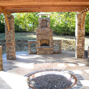 Ceremony-Ready Outdoor Room with Custom Stone Fireplace & Wood ...
