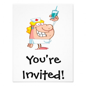 funny nurse with a syringe cartoon invites from Zazzle.com
