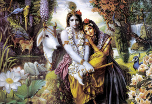 Otra imagen de Krishna enamorando vaqueras.