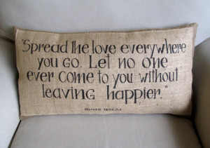Mother Teresa quote hand painted burlap pillow