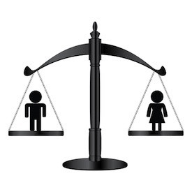 silhouette of man and woman on either side of a scale