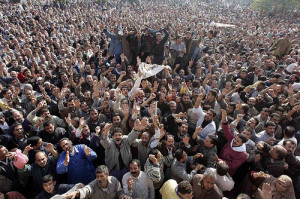 Ghazl el-Mahalla workers on strike last December. Photo by Nasser ...