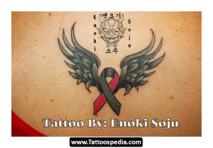 Amazing Blue Ink Winged Ribbon Cancer Tattoo