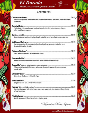 Mexican Appetizers Menu in Spanish