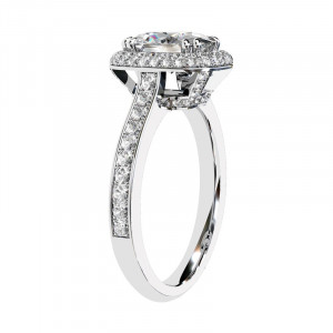 Cushion Basket Halo Cathedral Shank Engagement Ring in 18K White Gold