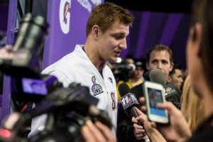 Rob Gronkowski chats with reporters during Super Bowl XLIX Media Day ...