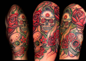 Sugar Skulls and Roses - Half-Sleeve Tattoo, This tattoo of Sugar ...