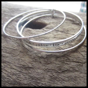 ... Stamped Triple Bangle Stack in Sterling Silver - Quote, Poem, Names