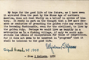 Autographs: VILHJALMUR STEFANSSON - TYPED QUOTATION SIGNED 12/29/1943