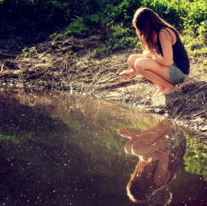 alone, girl, nature, reflection, water