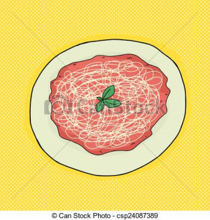 Hand drawn cartoon plate of pasta with basil leaves