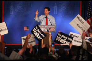 Wisconsin Governor Scott Walker greets supporters at an election-night ...