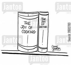 Two books: 'The Joy of Cooking' next to 'The Joy of Dieting'. More