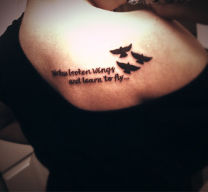 Flying Black Birds And Quote Tattoo On Right Back Shoulder