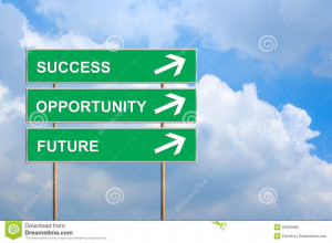 Success, Opportunity and future on green road sign