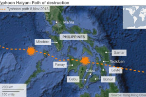 Path of destruction of Typhoon Haiyan, showing its movement from Leyte ...