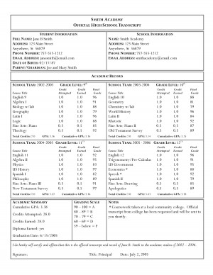 official high school transcript template