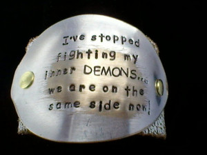 ve Stopped Fighting My Inner Demons - upcycled leather cuff-hand ...