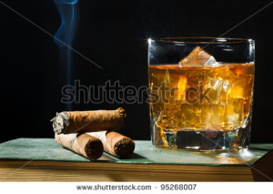 Tree cigar and whisky with ice in glass