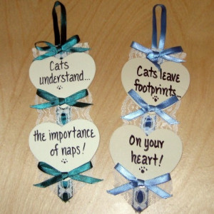 Handmade Wooden Heart Wall Hanging Plaques Cat Sayings Handpainted