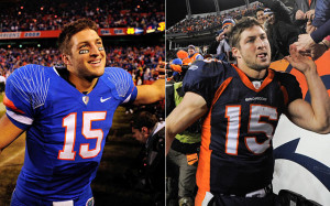 ... the Florida Gators; on the right, while playing for the Denver Broncos
