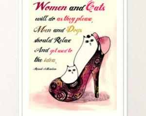 ... Women Quote Drawing Pen and Ink Vintage Cute Cat High heeled Shoe Home
