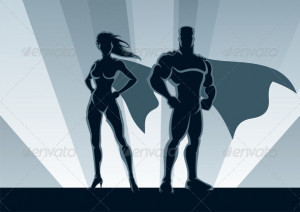 Male and female superheroes, posing in front of a light.No ...