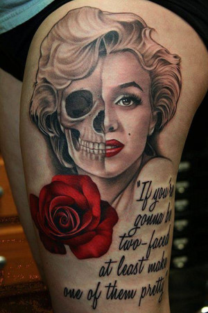 19. Marilyn Monroe Tattoo With Skull, Quotes And Rose