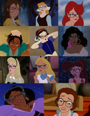 Disney women characters with hipster glasses on.